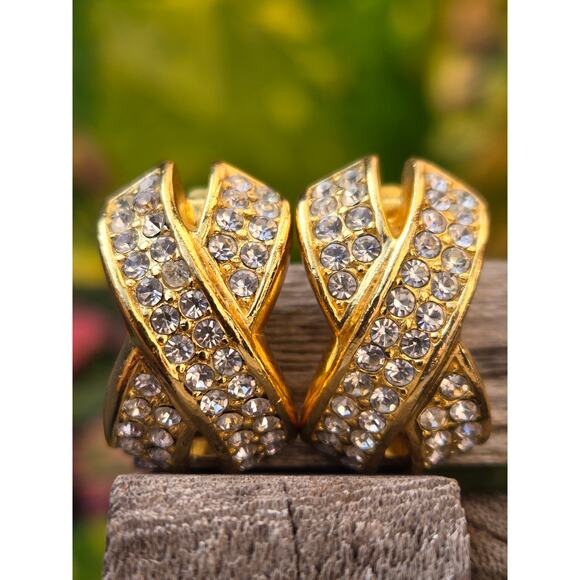 Vintage CHRISTIAN DIOR Criss Cross Crystal Rhinestone Gold Tone Clip Earrings - Picture 1 of 10